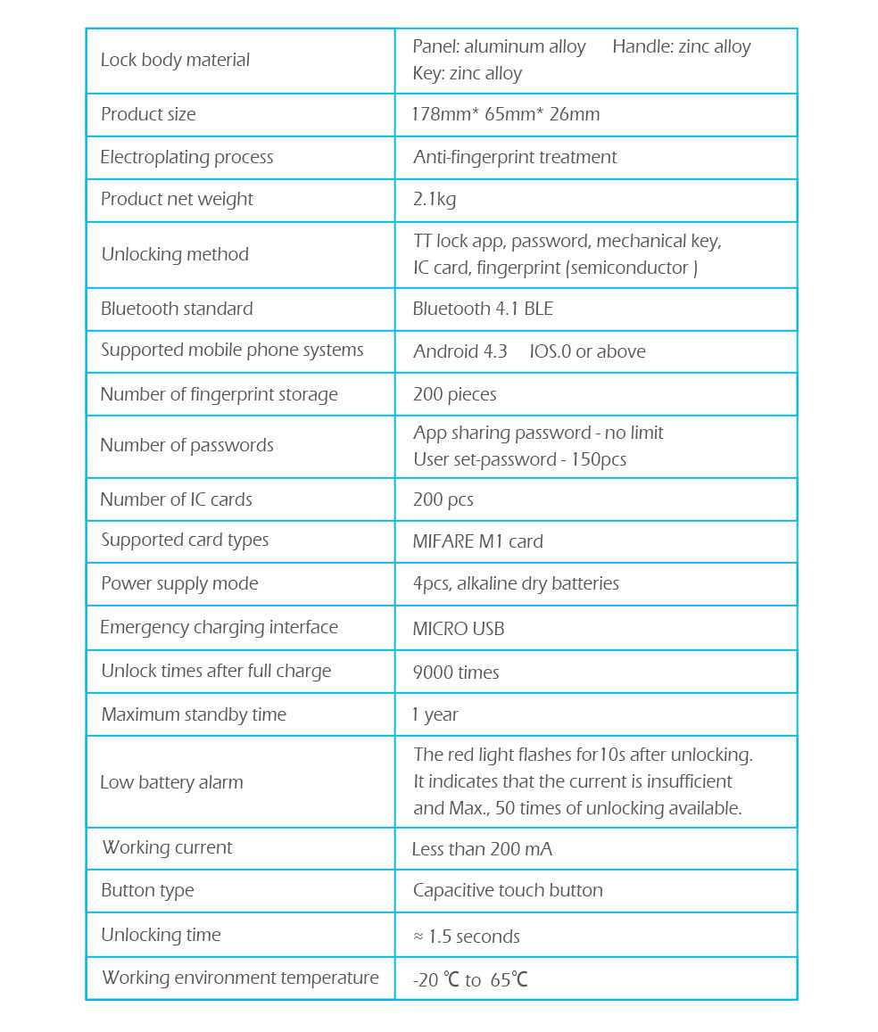 Bluetooth Lock JYF-S2019MF parameter