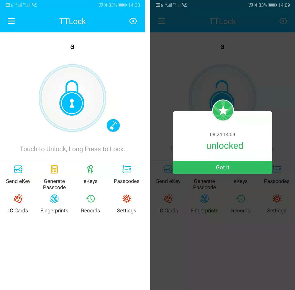 TTLock Lock menu and unlock