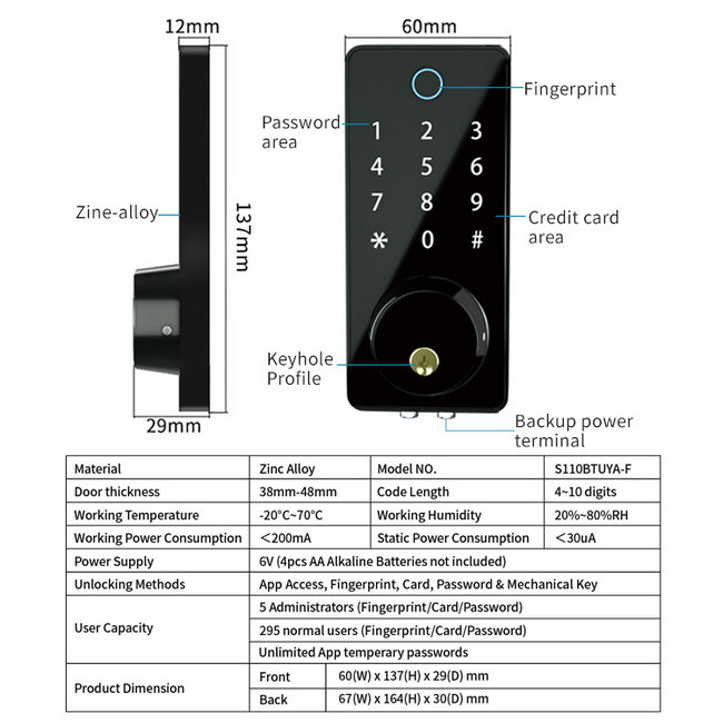 JYL-S220BTY-F WIFI TUYA Lock parameter