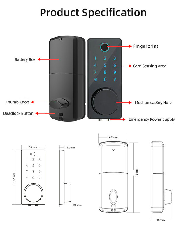 JYL-S220BTY-F WIFI TUYA Lock Dimensional part description